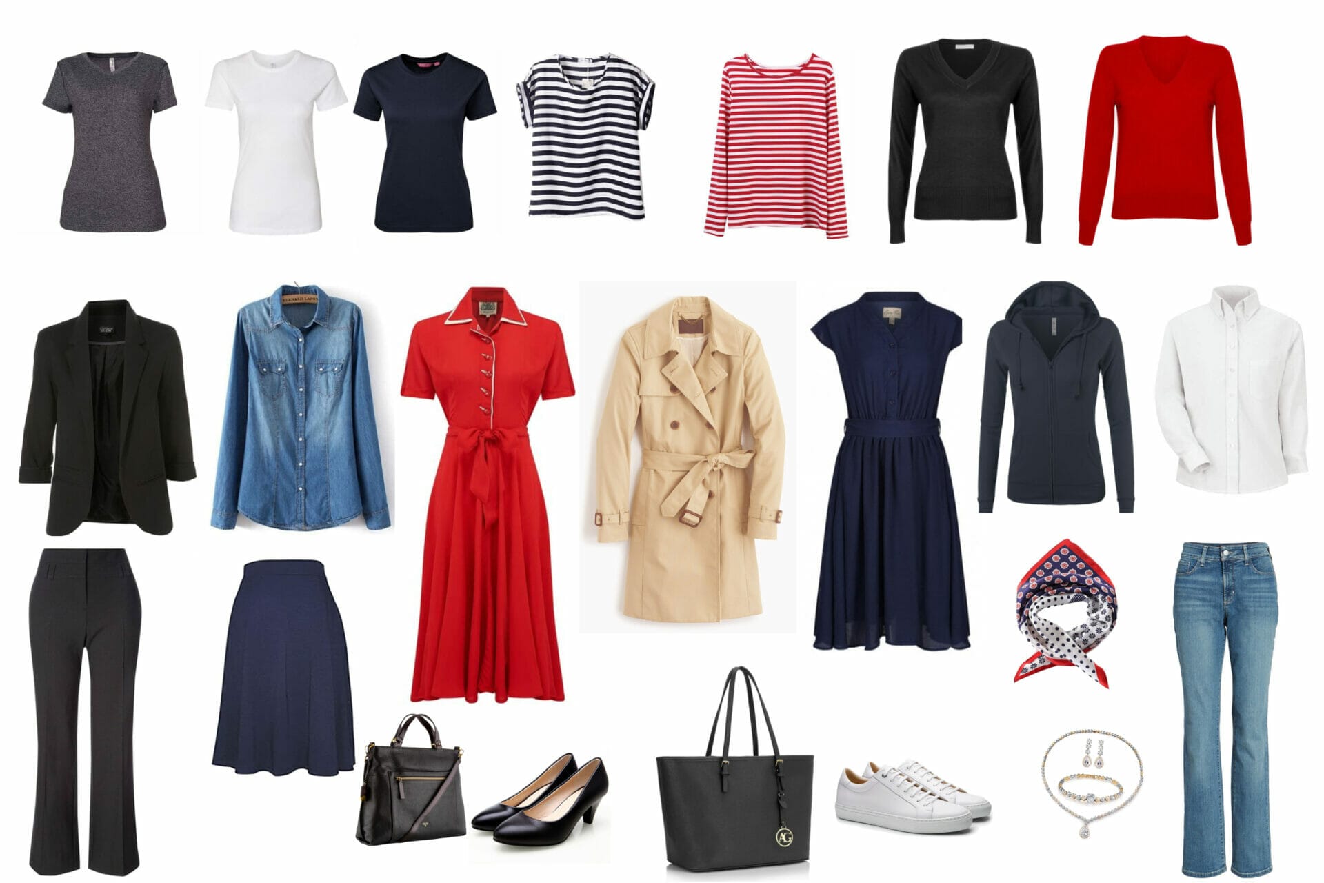 A collection of clothes suitable for a capsule wardrobe over 40