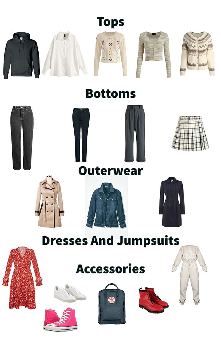 a collection of clothes for a winter teenagers capsule wardrobe