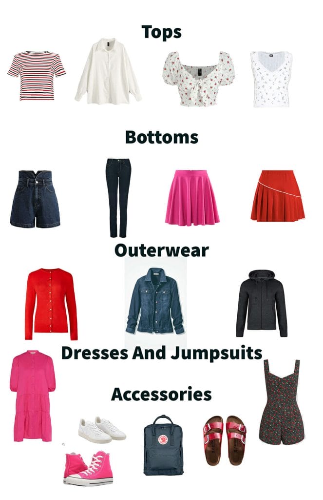 a collection of clothes for a summer capsule wardrobe for teenager