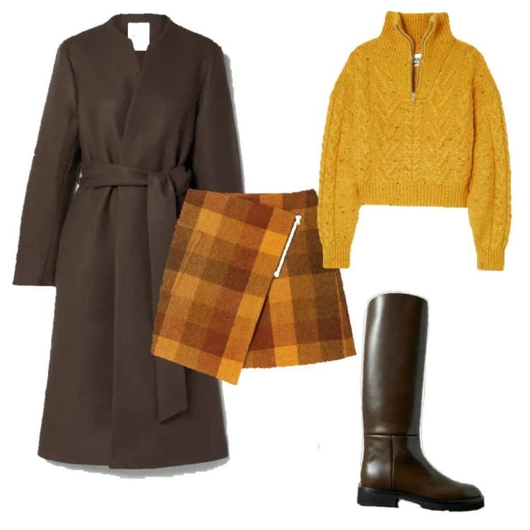 brown wool coat, mustard chunky jumper, brown knee high boots, orange plaid skirt