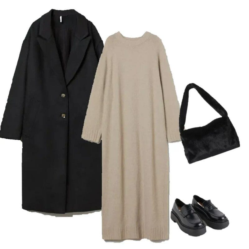 Black oversized coat, Sand long knitted dress, Black faux fur bag, Black chunky shoes