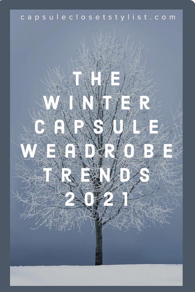 A tress covered in snow with title The winter capsule wardrobe trends 2021