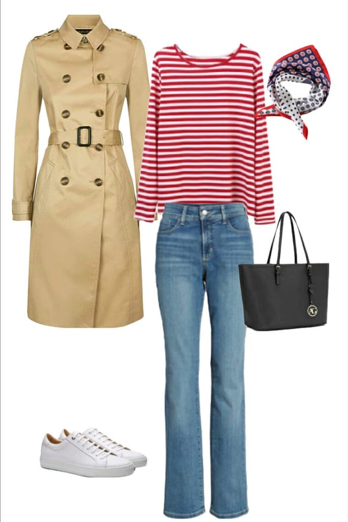 trench cast, red and white Breton style top, straight leg mid use jeans, a red, white and blue scarf, black bag and white trainers