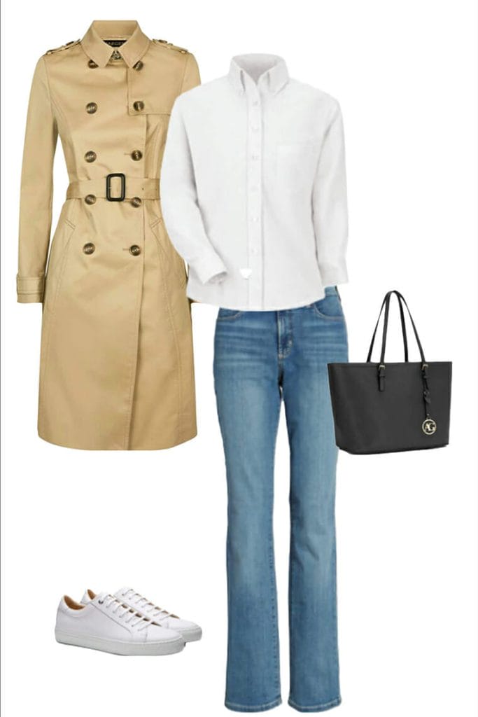 a trench coat, white shirt, white trainers, black bag
