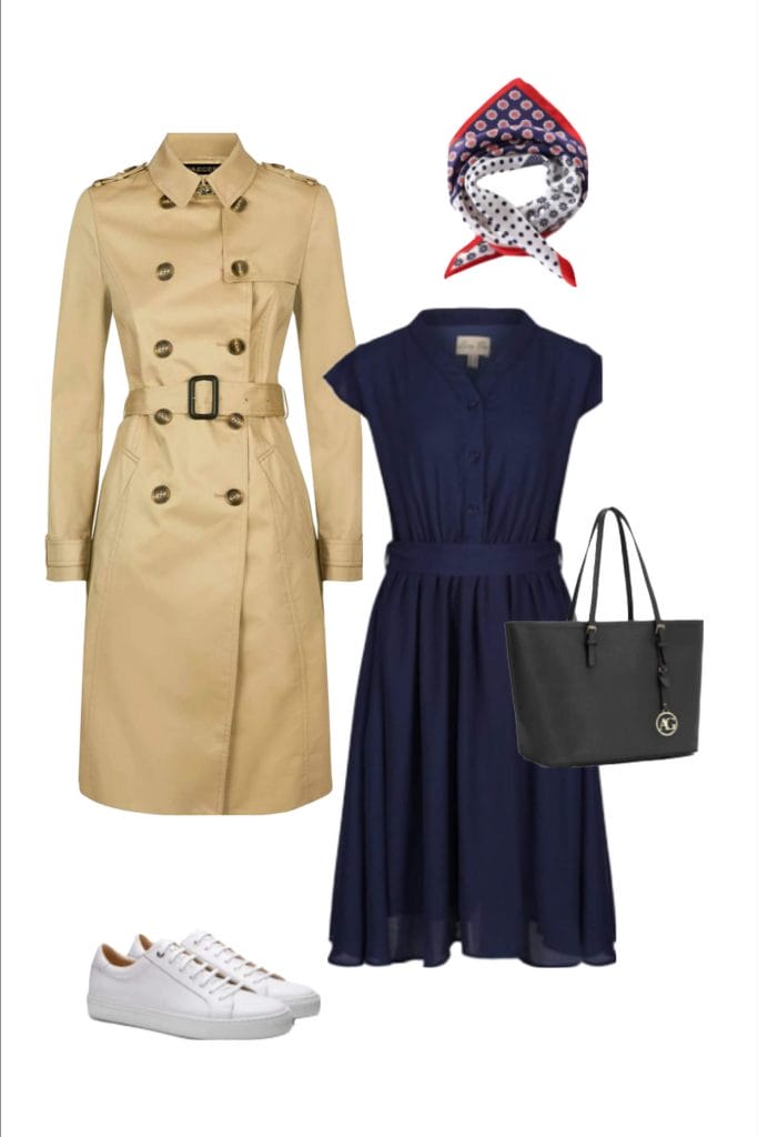 trench coat, red white blouse neck scarf, navy tea dress, black bag, white trainers