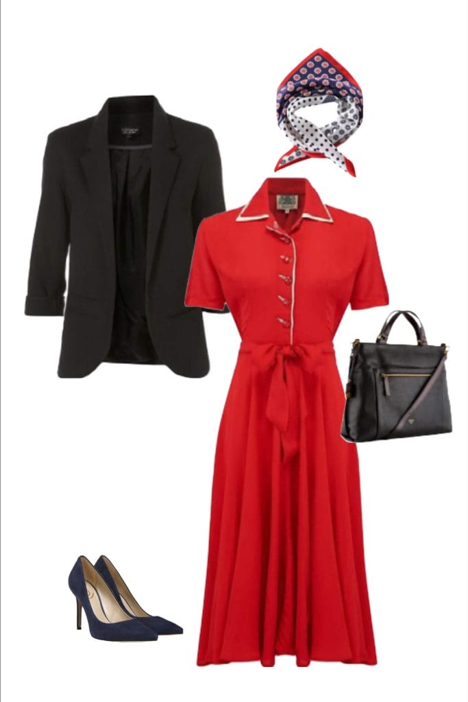 black blazer, red dress, red white blue neck scarf, black pumps black bag