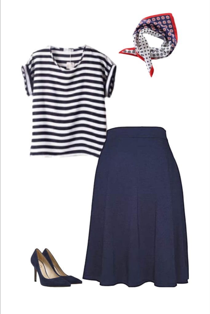 navy white stripe top, navy aline skirt, black pumps, red white and navy scarf