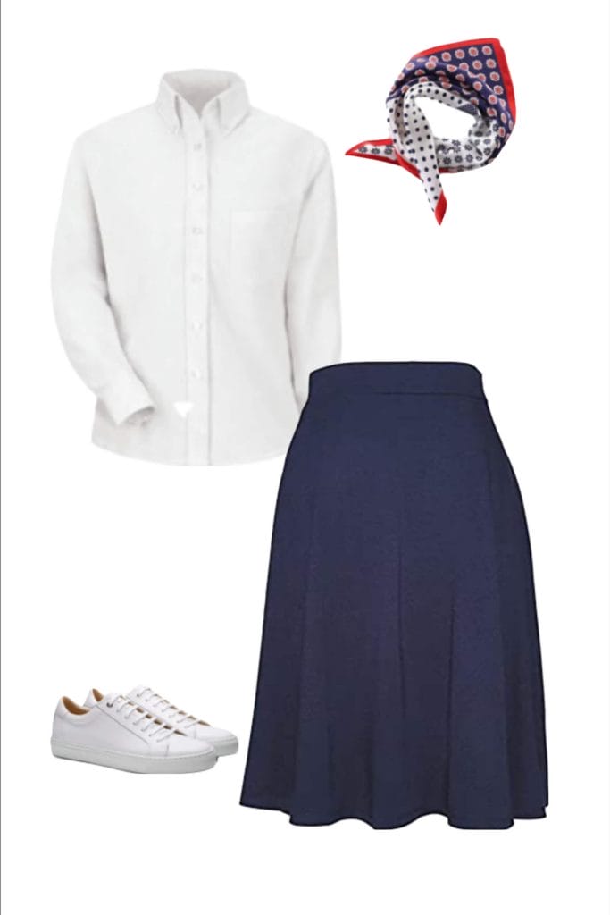 white shirt, red white and blue scarf, navy a line skirt, white trainers