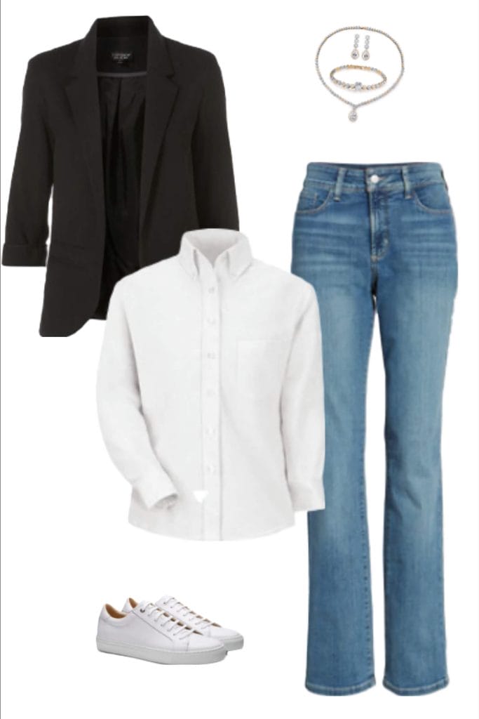 black blazer, white shirt, straight jeans, white trainers jewellery set