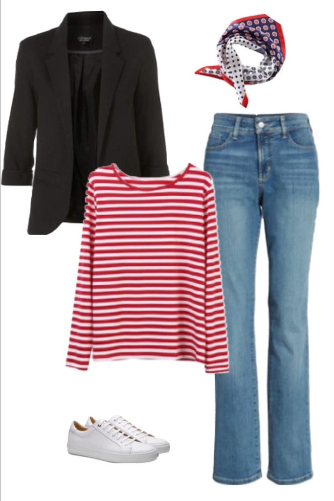 a black blazer, red white and blue scarf, red white striped top straight leg jeans white trainers