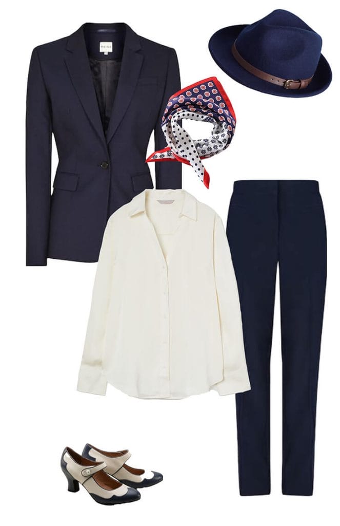 navy blazer, neck scarf, navy fedora, white shirt, navy off white swing shoes