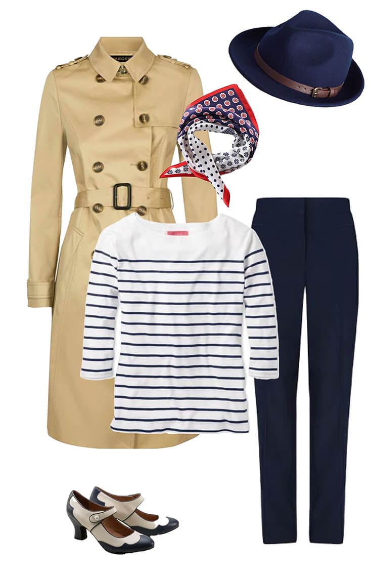trench coat, breton top, neck scarf, navy trousers, navy fedora, off white and navy swing shoes