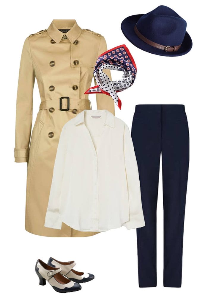 trench, white shirt, neck scarf, navy fedora, navy trousers, navy off white swing shoes