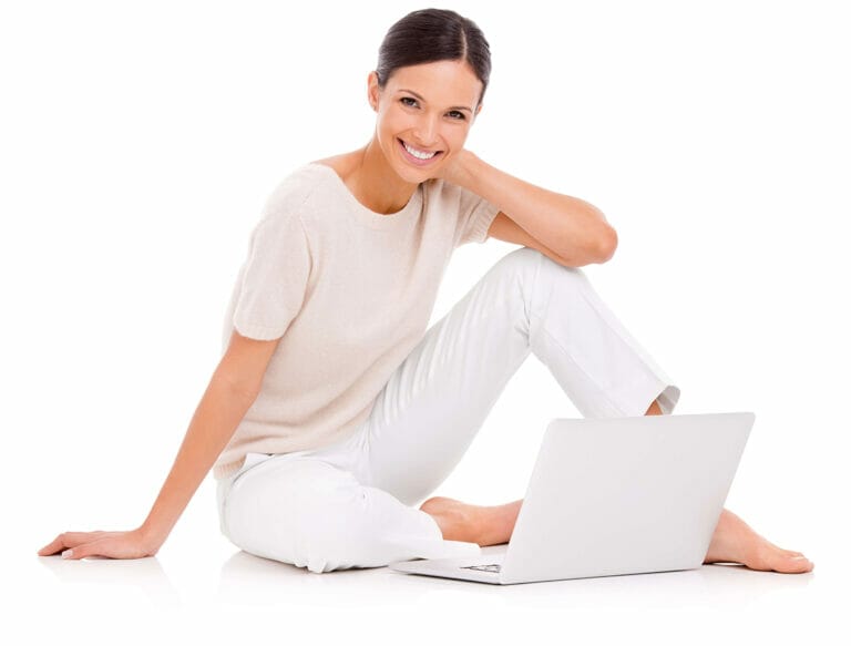 Woman shopping online with a white background