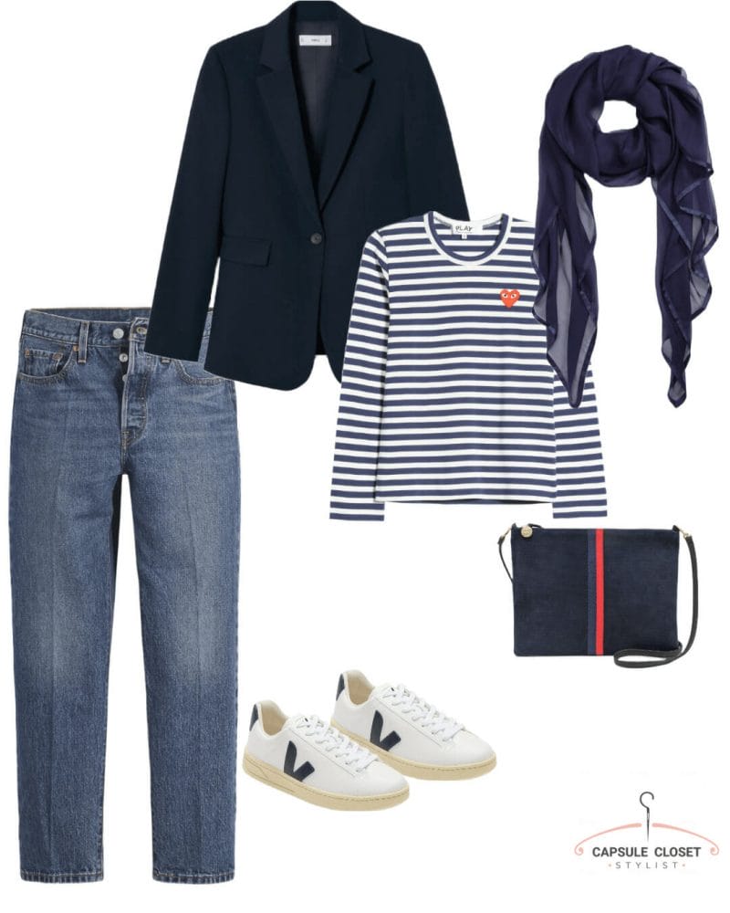 straight leg jeans, stripe top, blazer, trainers navy scarf