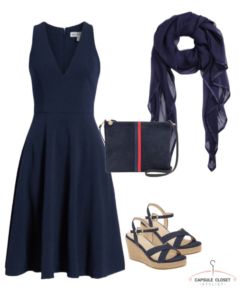 navy dress, navy scarf, bag and navy wedges